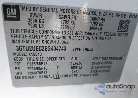 2014 GMC Sierra 1500 Sle из США, поврежденный, VIN 3GTU2UEC3EG494749